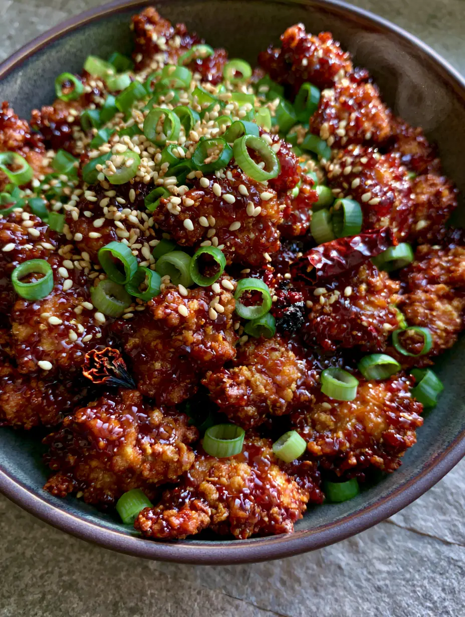 Close-up of golden-brown crags on air-fried chicken coated in a thick, translucent general tso's chicken sauce.