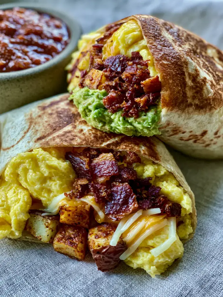 Detailed shot of a griddled breakfast burritos recipe served with a side of chunky fire-roasted salsa.
