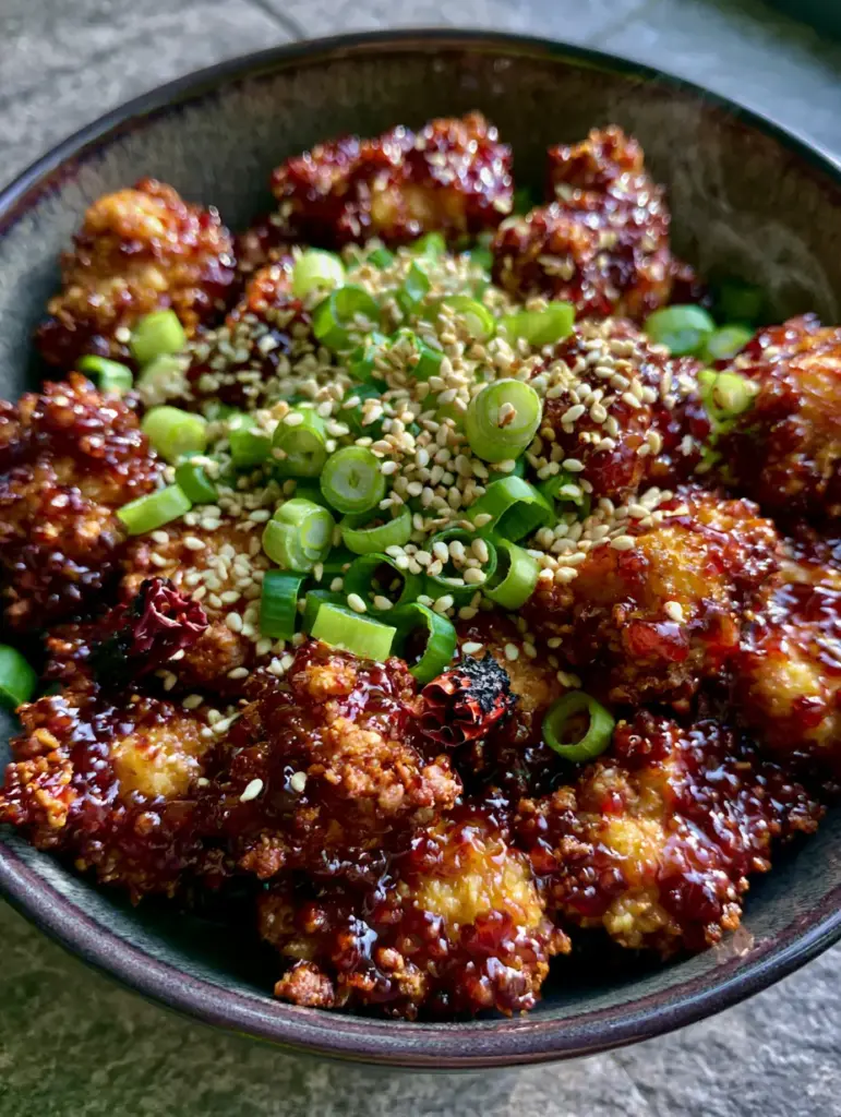 Smartphone photo of General Tso's chicken garnished with bright green scallions and toasted sesame seeds in a dark ceramic bowl.