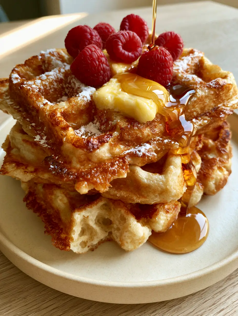 Close-up of thick Belgian waffles with deep pockets and melting yellow butter. (homemade waffles recipe)