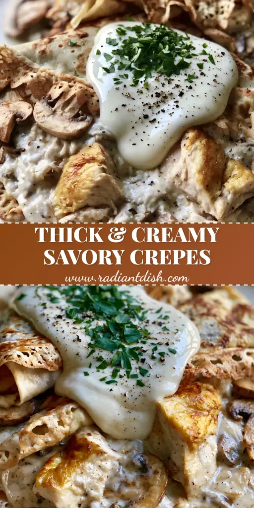 Two elegantly folded French savory crepes on a cream plate, overflowing with seared chicken chunks and garlic cream sauce. (Crêpes au Poulet recipe)