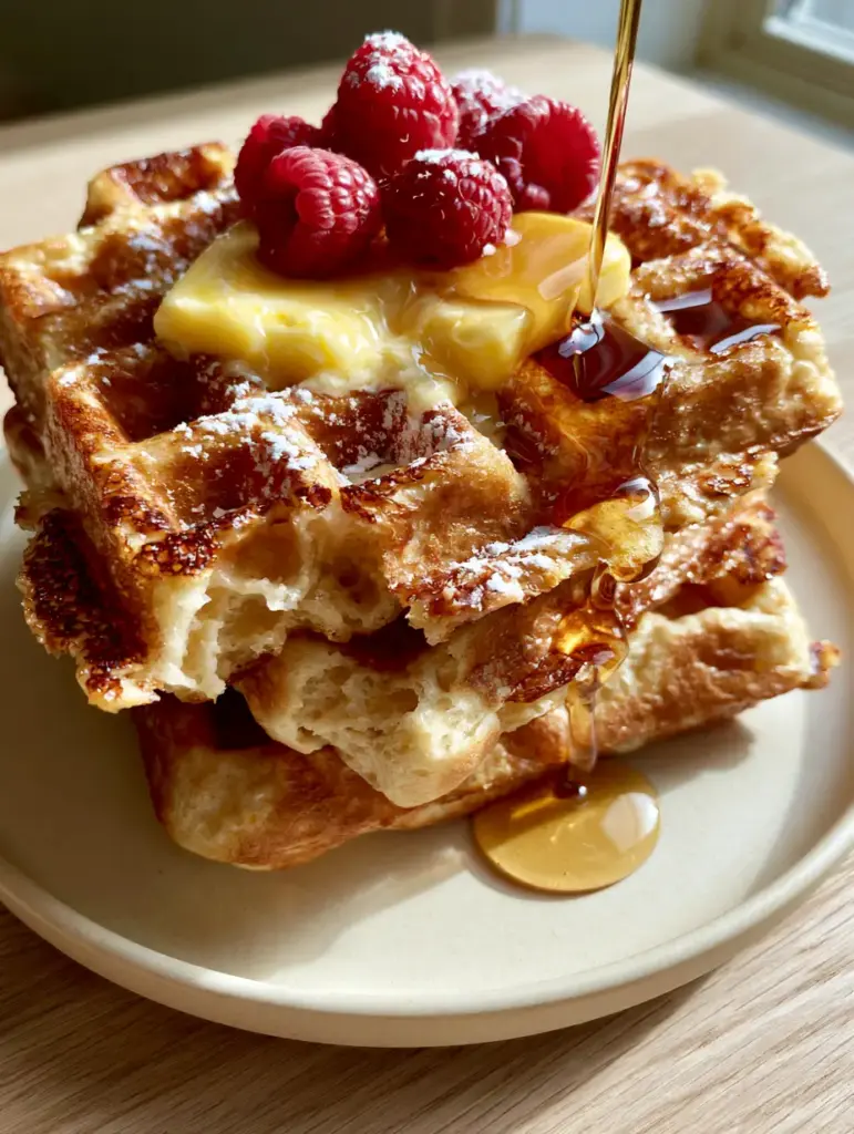 Authentic handheld photo of three waffles topped with syrup and five raspberries on a ceramic plate.