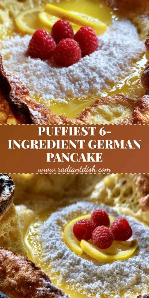 A towering, golden-brown Dutch Baby in a cast iron skillet with raspberries and powdered sugar. (German pancake recipe)