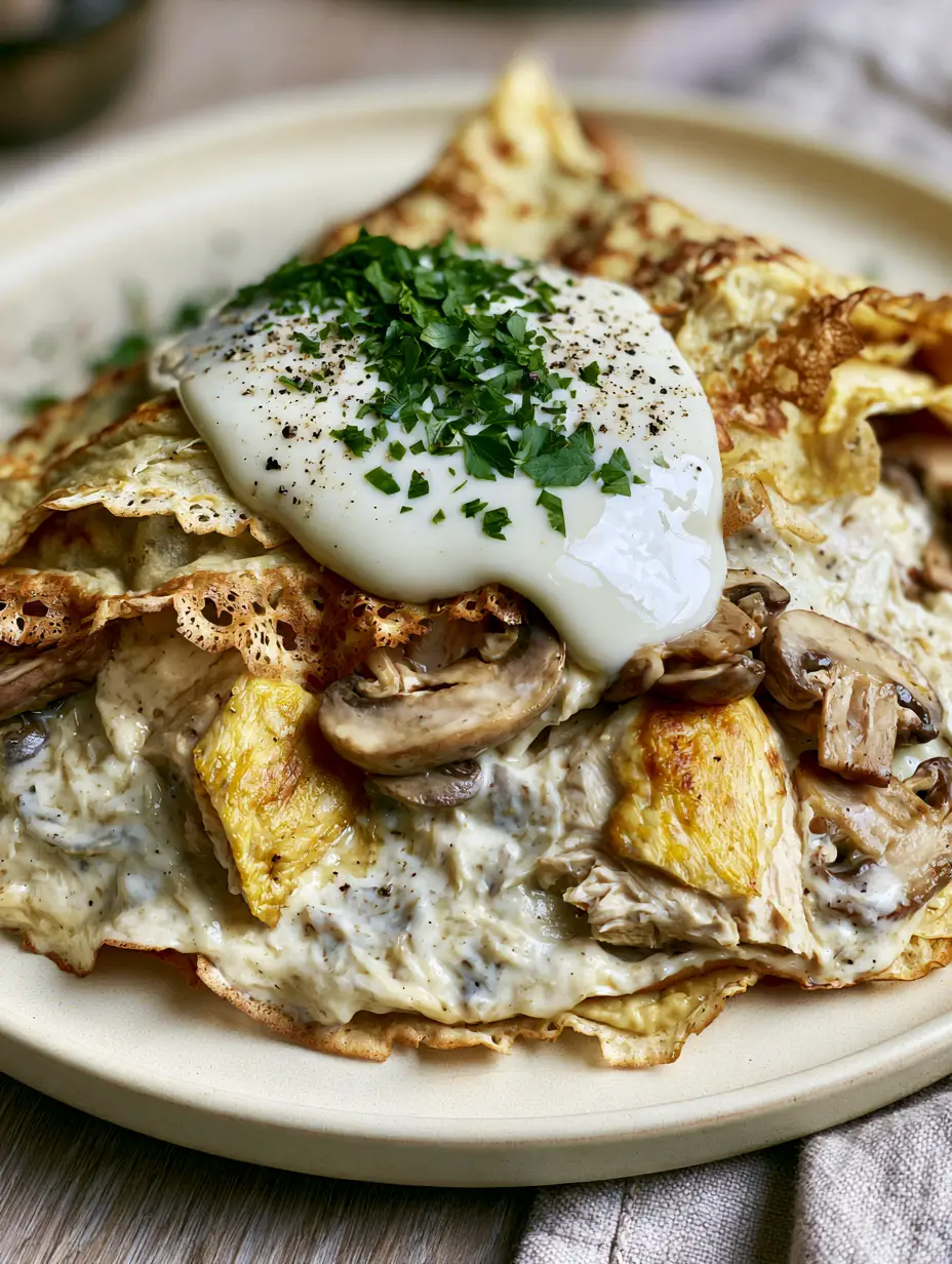 Close-up of golden-brown lacy crepes filled with seared chicken breast and sautéed cremini mushrooms. (Crêpes au Poulet recipe)