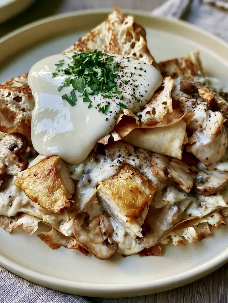 Detailed shot of thick velvety garlic cream sauce drizzled over savory chicken crepes with fresh parsley garnish.