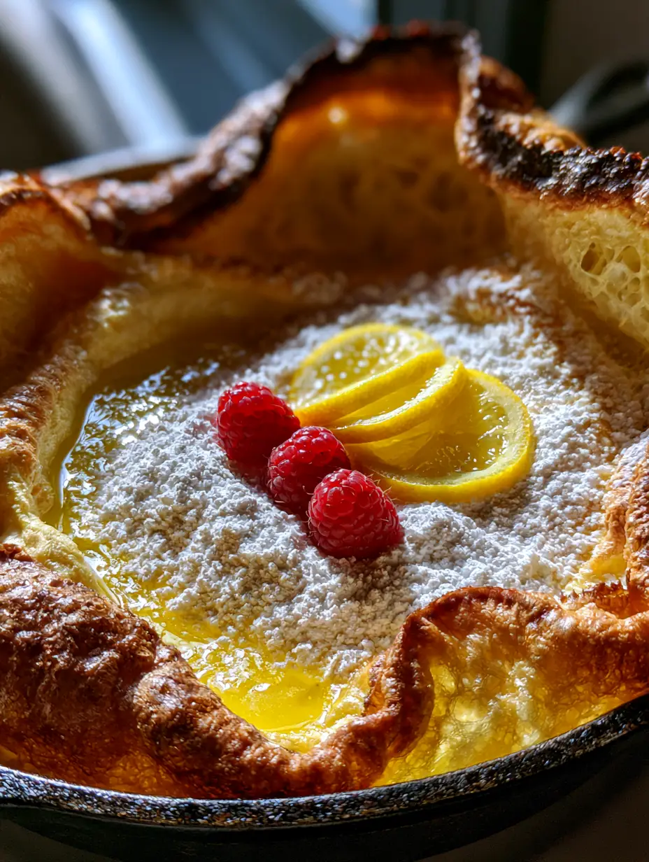 Extreme close-up of the wavy, crispy edges of a German pancake. (German pancake recipe)