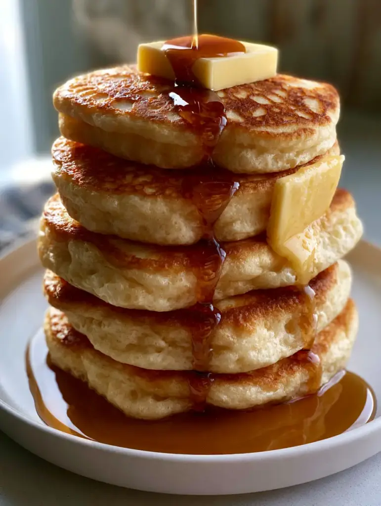 Low-angle shot of thick pancakes on a white plate with dark amber syrup dripping down.