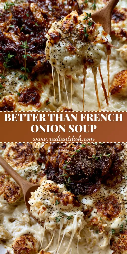 A wooden spoon lifting a portion of French Onion Chicken Orzo Casserole with long cheese strands stretching from a white skillet.