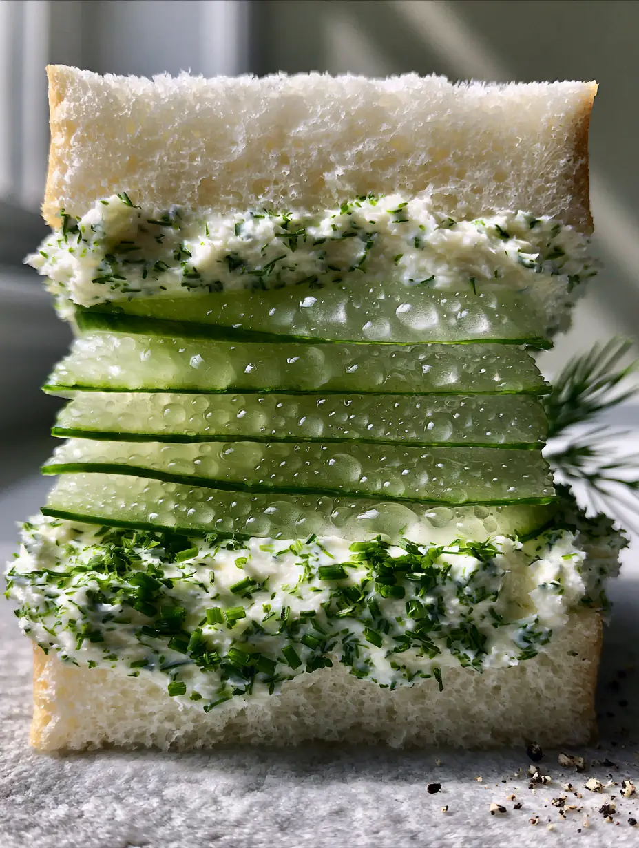 Extreme macro cross-section of a crustless English cucumber tea sandwich showing translucent slices and herbed cream cheese. (cucumber sandwiches recipe)