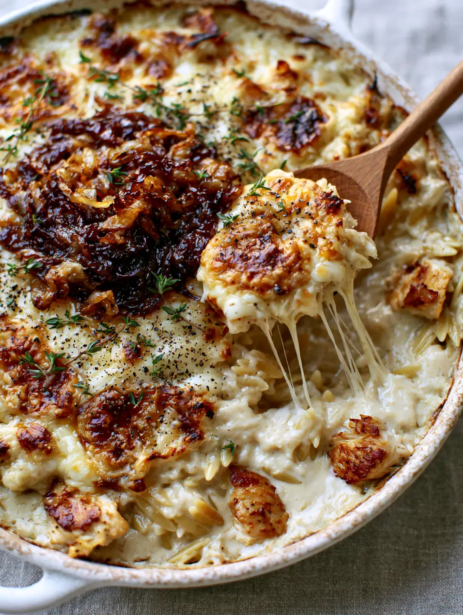 Overhead view of a rustic white skillet containing French Onion Chicken Orzo Casserole topped with mahogany onions and fresh thyme.