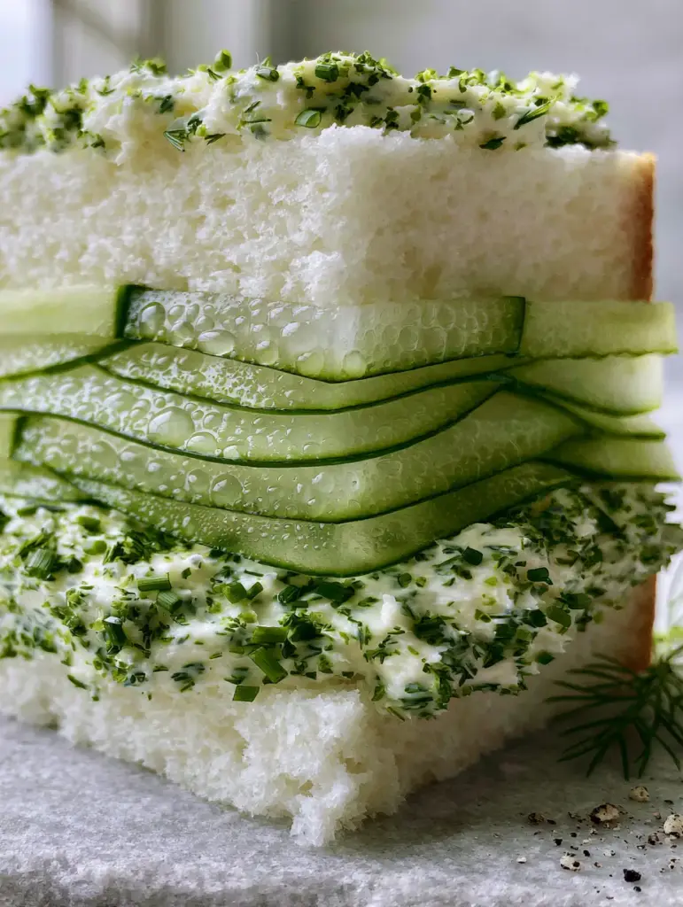 Geometric precision of layered cucumber slices in a white pullman bread sandwich.