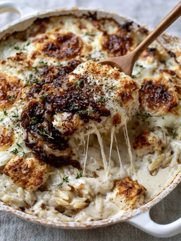 Close-up of toasted mozzarella spots and melted Gruyère on a creamy French Onion Chicken Orzo Casserole.