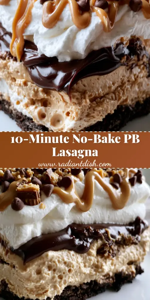 A thick slice of no-bake peanut butter lasagna showing layers of chocolate crust, tan mousse, and glossy ganache topped with Reese's cups.
