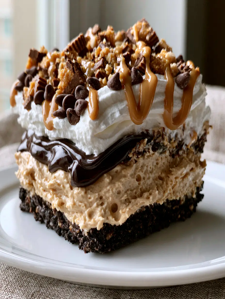 Side-profile macro shot of no-bake peanut butter lasagna with visible air bubbles in the mousse layer.