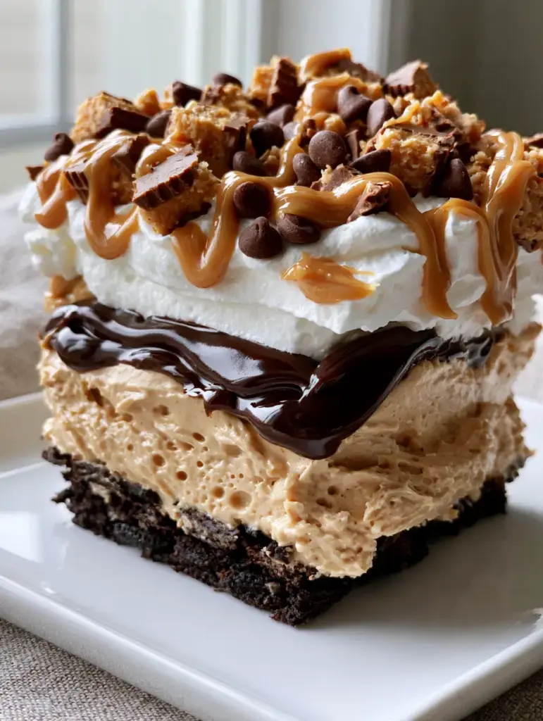 A handheld smartphone photo of a no-bake peanut butter lasagna slice on a white plate.