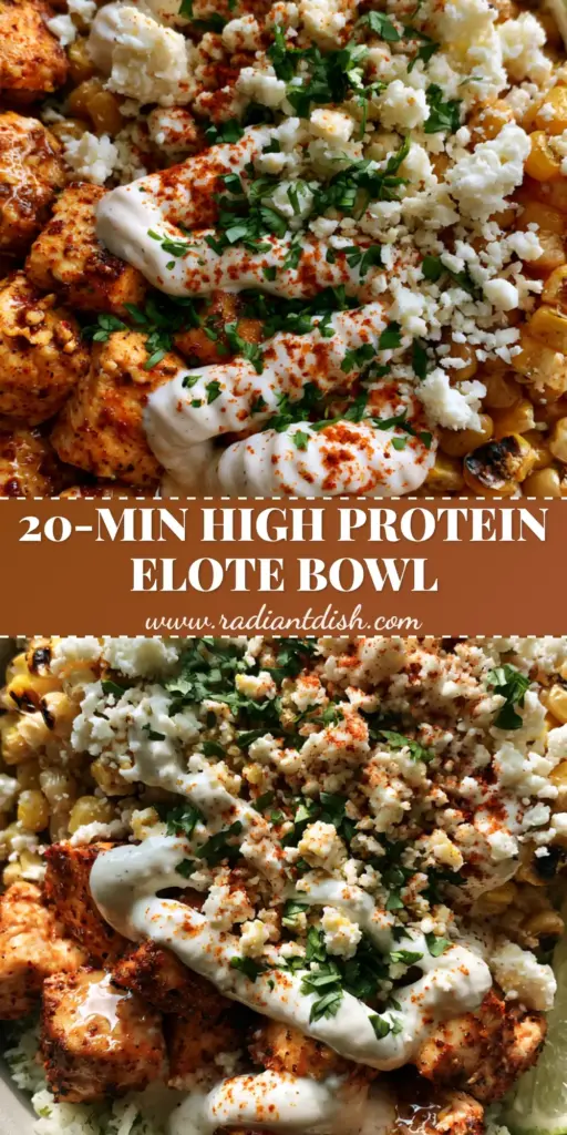 A top-down view of a Healthy Street Corn Chicken Bowl featuring charred corn, chili-rubbed chicken cubes, and a zig-zag of elote crema over cilantro lime rice.