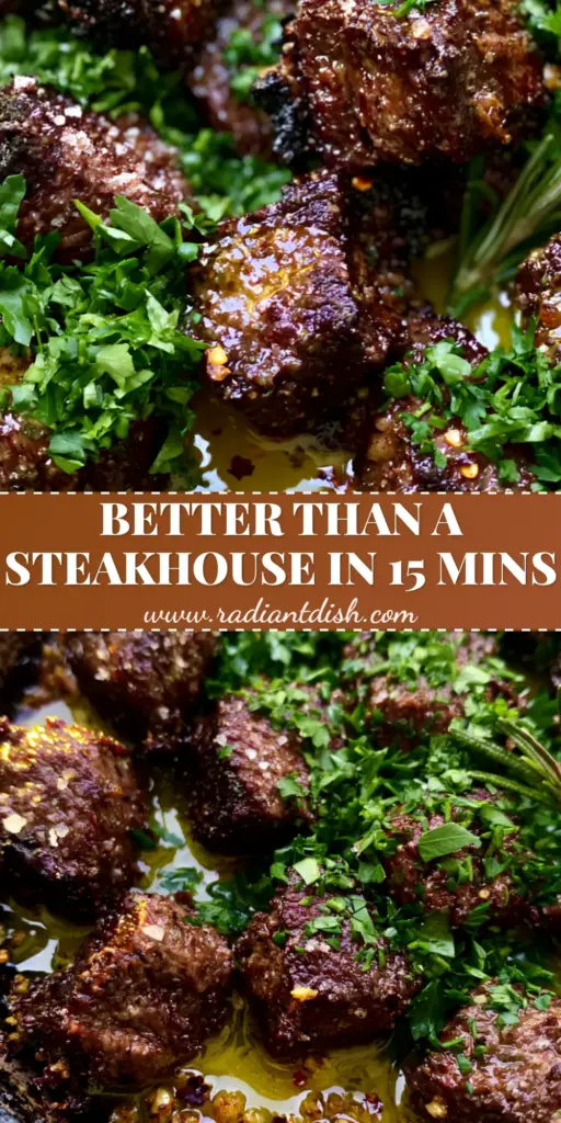A close-up of garlic butter steak bites in a cast iron skillet with fresh parsley and rosemary. (Steak dinner)