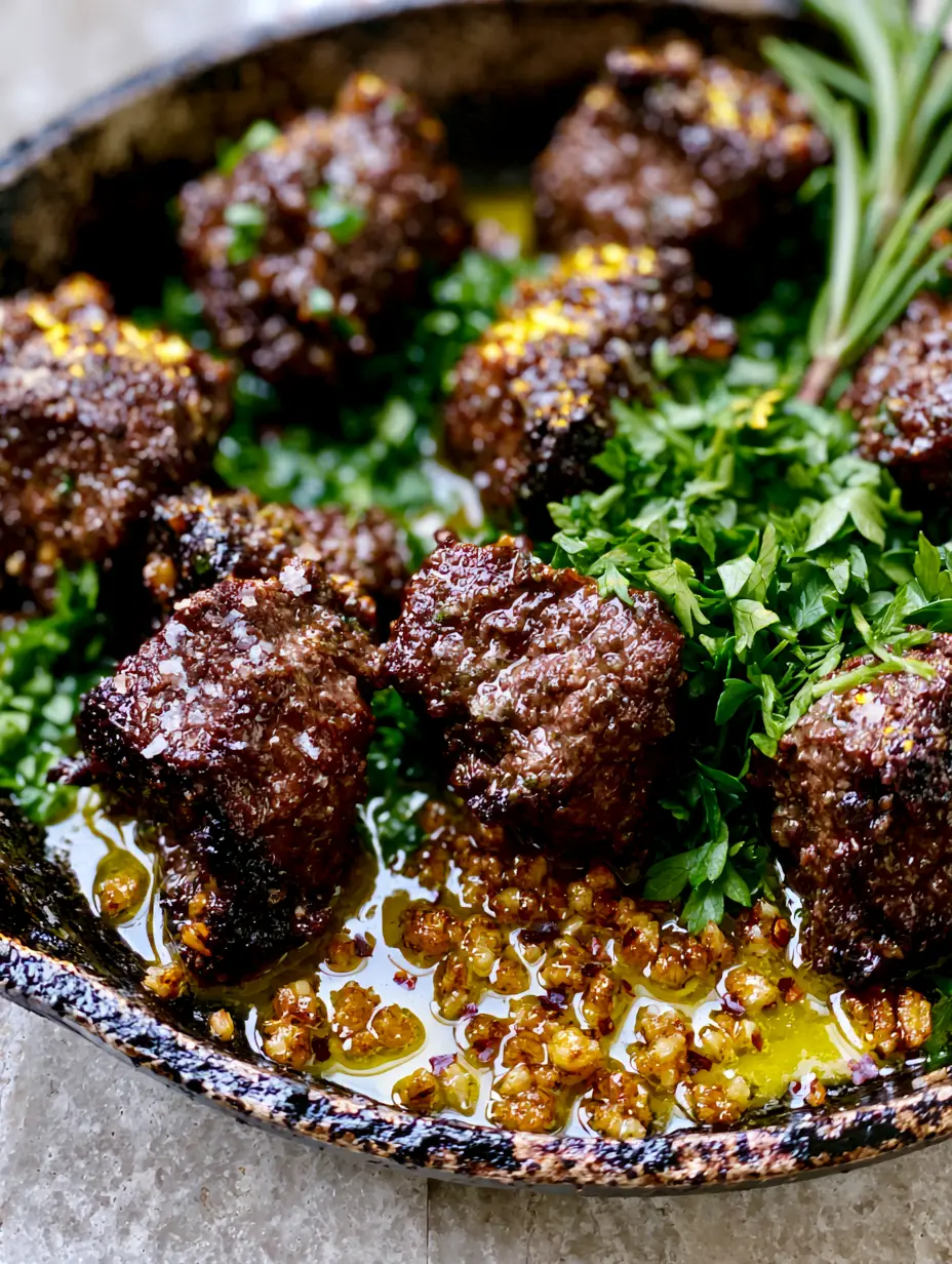 Macro shot of seared steak cubes with mahogany crust and golden garlic bits. (Steak dinner)
