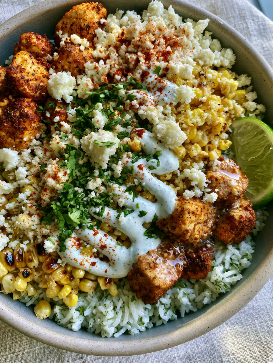 Close up shot of charred sweet corn and seared chicken cubes in a Street Corn Chicken Bowl.