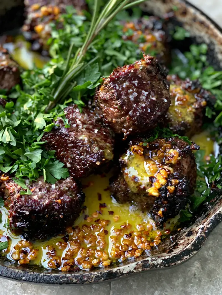 Rustic cast iron skillet filled with garlic butter steak bites garnished with rosemary.