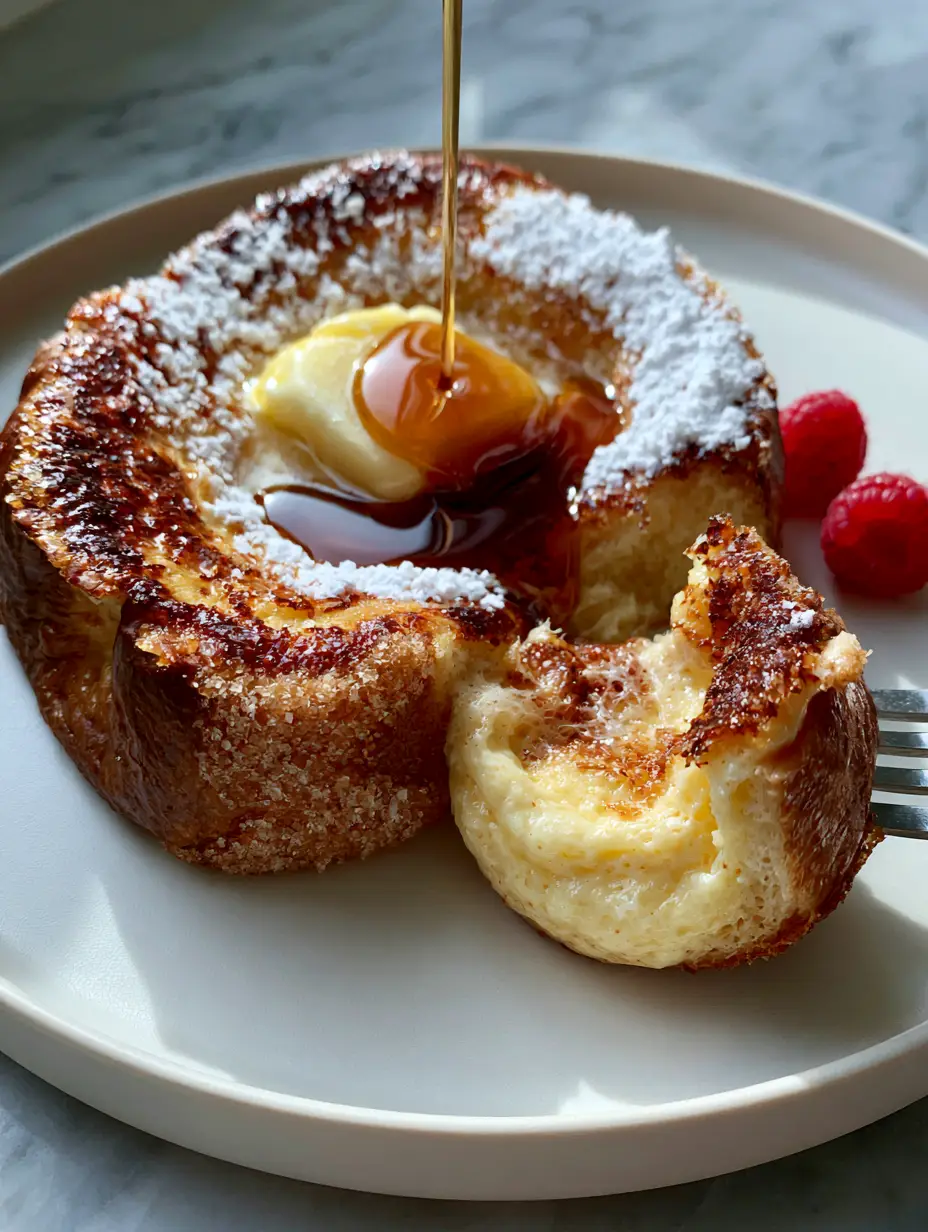 Smartphone photo of French toast showing the steaming custard interior and fresh raspberries on a marble counter. (French Toast ideas)