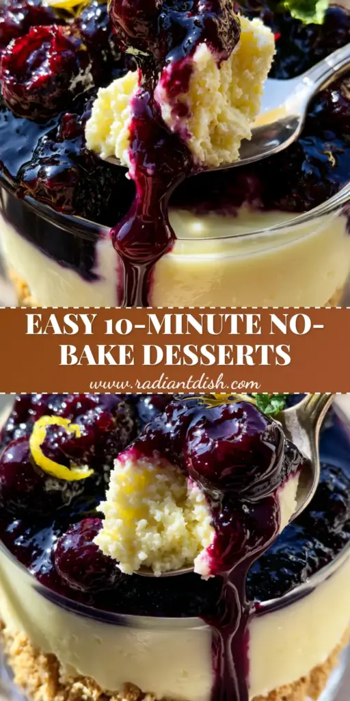 A close-up of a layered no-bake lemon blueberry cheesecake in a glass featuring a deep purple berry compote and yellow lemon zest. (Summer dessert recipes)