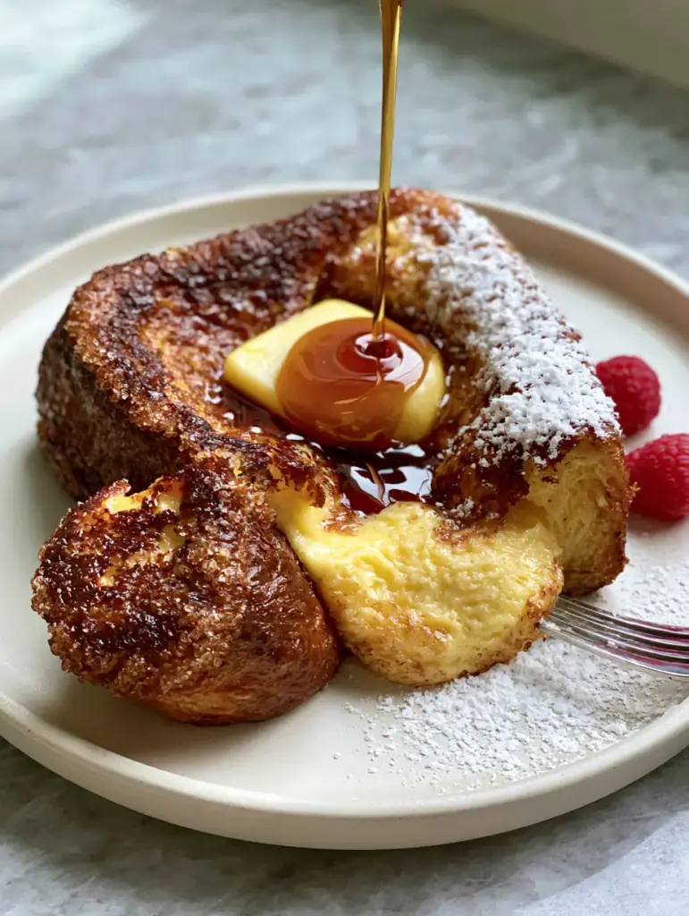 Overhead view of brioche French toast with powdered sugar and amber maple syrup. (French Toast ideas)