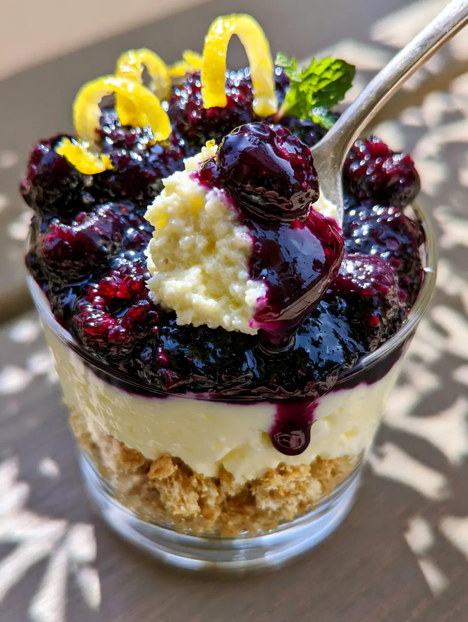 A handheld smartphone photo showing a silver spoon lifting a bite of lemon blueberry cheesecake with a heavy juice drip. (Summer dessert recipes)