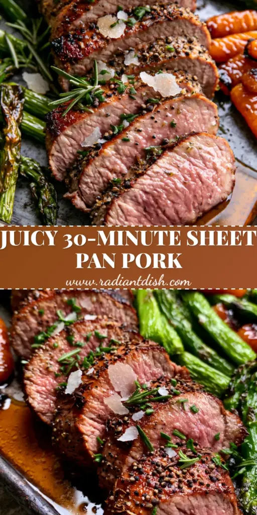 A top-down view of a rustic sheet pan with a sliced pork tenderloin dinner, featuring rosy medallions, honey-glazed carrots, and green asparagus.