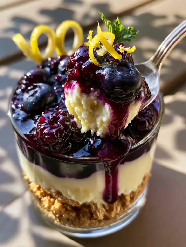 Layered no-bake lemon blueberry desserts in clear glasses on a wooden table with dappled sunlight shadows.