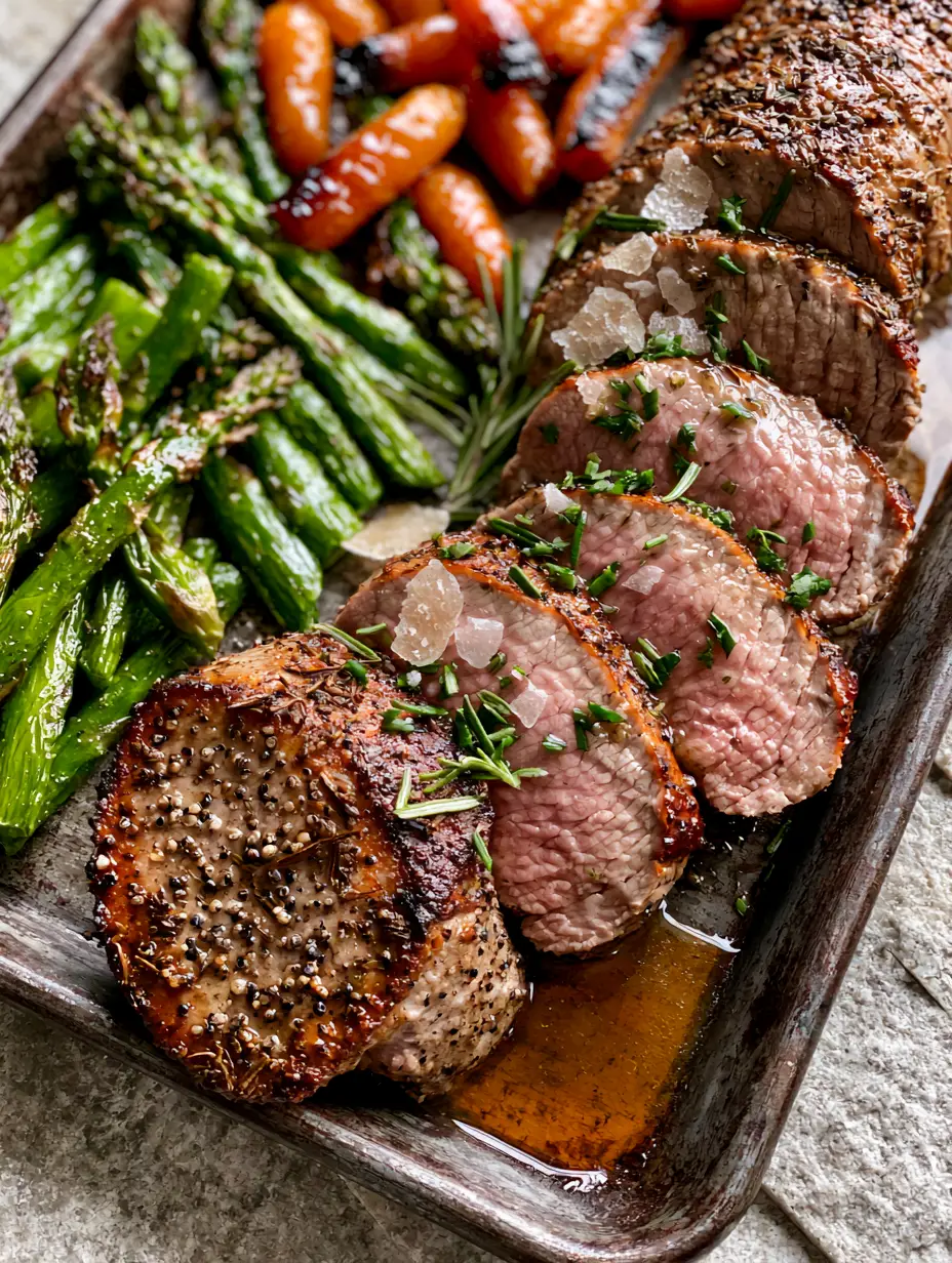 Close-up of seared pork tenderloin medallions with a rosy pink center and garlic-herb glaze (pork tenderloin dinner).