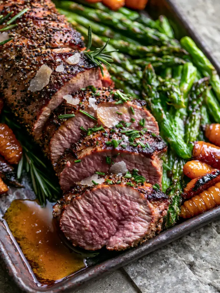 A rustic sheet pan featuring a complete pork tenderloin dinner with honey-glazed carrots and blistered asparagus.