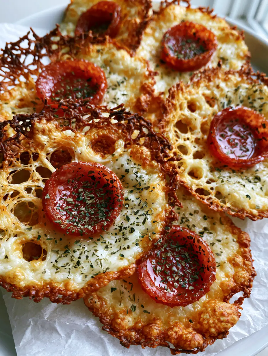 Top-down view of pizza chips showing the intricate bubbly frico edges and green herb dusting. (Pizza chips recipe)