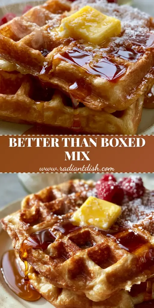 A stack of two crispy golden-brown Belgian waffles with melting butter and raspberries. (waffle mix recipe)