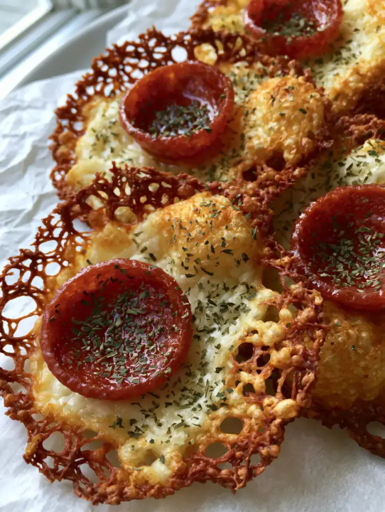 Close-up of a single pizza chip with a glistening, cupped pepperoni slice and dried oregano flakes. (Pizza chips recipe)