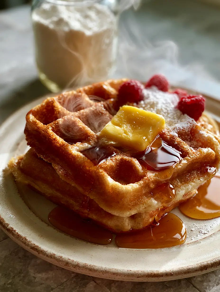 High angle photo of thick Belgian waffles on a rustic plate with steam rising. (waffle mix recipe)