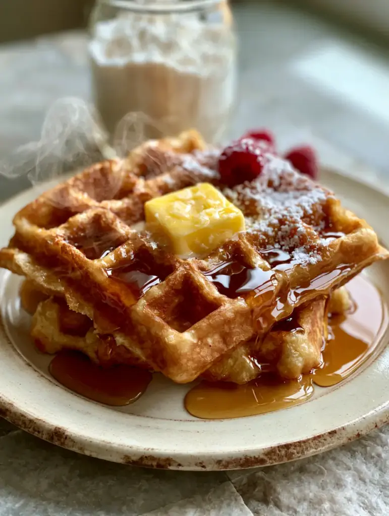 Close up of maple syrup pooling in Belgian waffle crevices with raspberries. (waffle mix recipe)