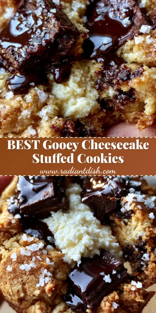A close-up of thick cheesecake stuffed chocolate chip cookies being pulled apart to reveal a creamy center on parchment paper.