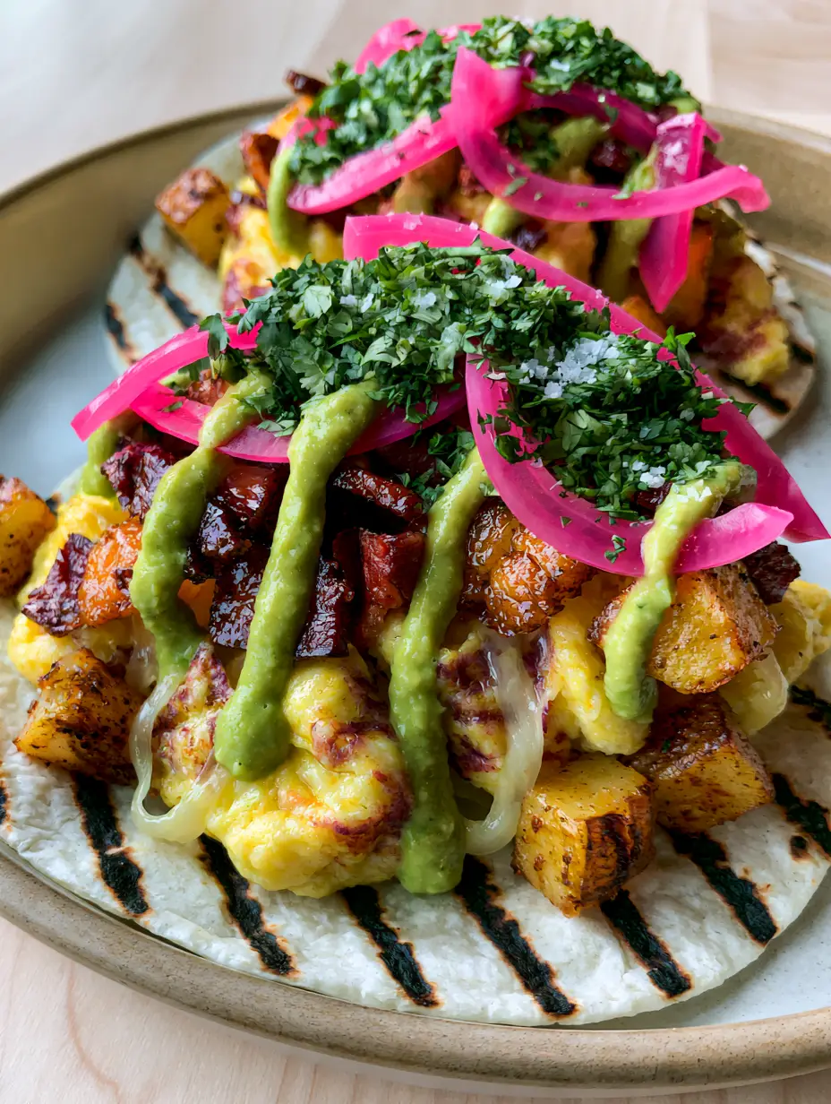 Detailed eye-level view of Breakfast tacos with golden potatoes, bacon, and bright pink pickled onions.