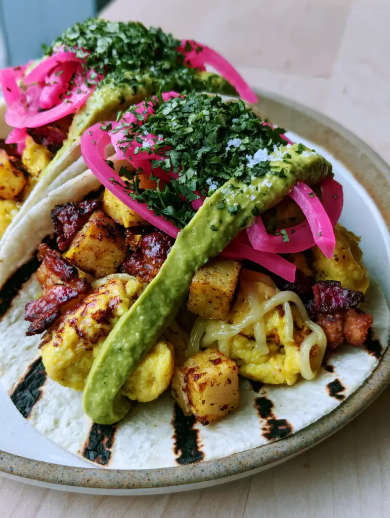Soft scrambled eggs marbled with Monterey Jack cheese inside charred Breakfast tacos.