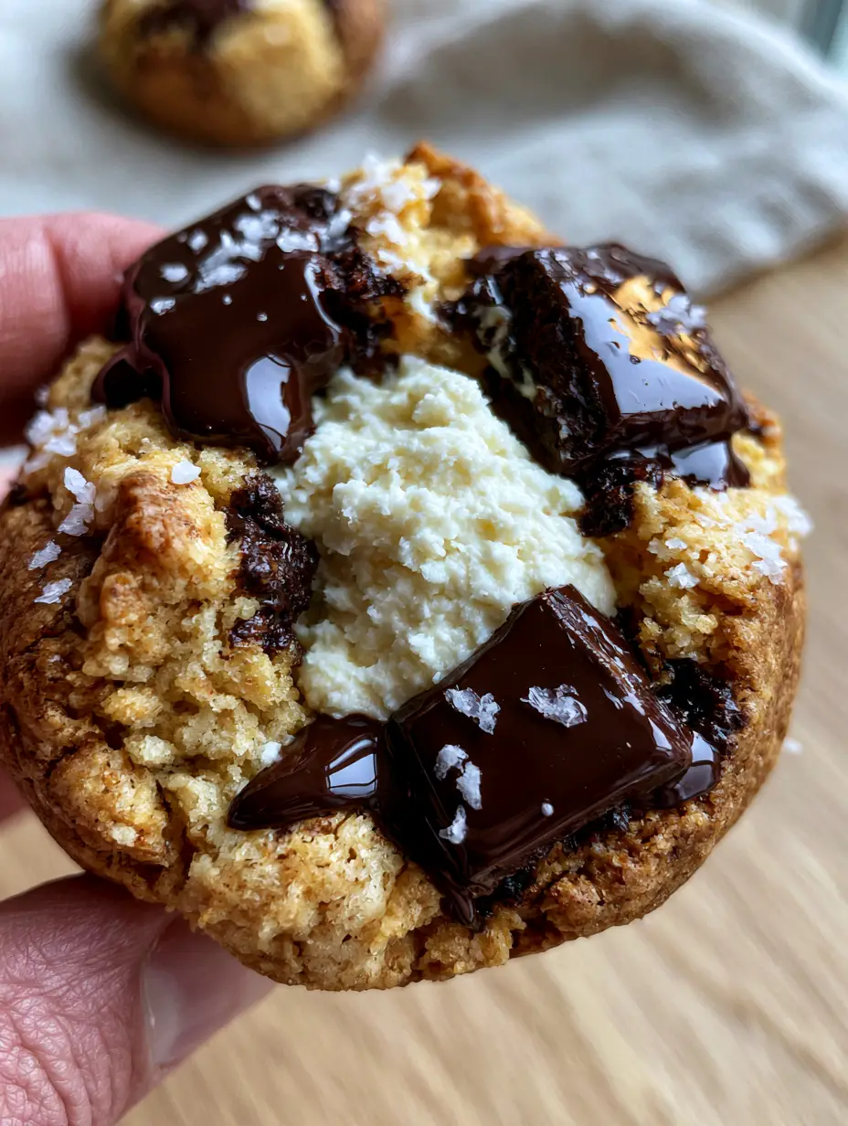Macro shot of a soft-baked cookie with melted dark chocolate chunks and flaky sea salt. (cheesecake stuffed chocolate chip cookies)