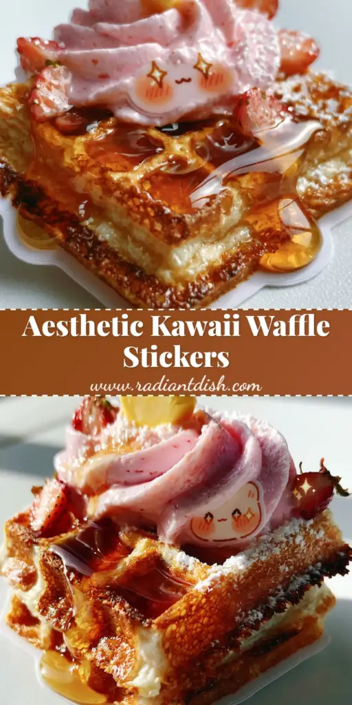 A die-cut sticker of a kawaii waffle with a chibi face, pink cream swirl, and heart butter. (kawaii waffles clipart)