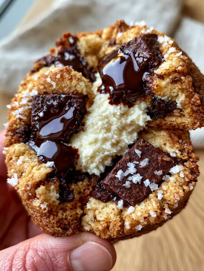 Eye-level shot of a cookie being pulled apart revealing a thick snow-white cheesecake filling.
