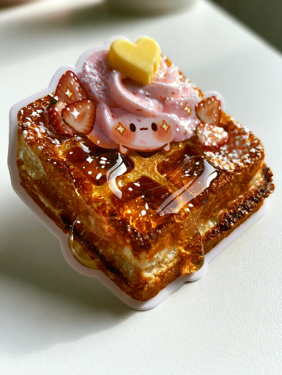 Smartphone photo of a kawaii waffle sticker featuring deep pockets and amber syrup. (kawaii waffles clipart)
