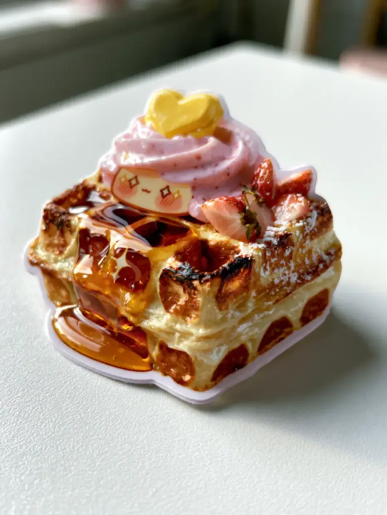 Close-up of a kawaii waffle with pastel pink whipped cream and heart-shaped butter pat. (kawaii waffles clipart)