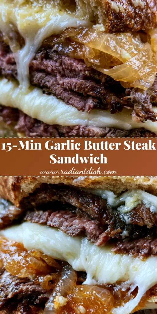 A close-up of a stacked Steak Sandwich with melted provolone and golden onions on a wooden board.