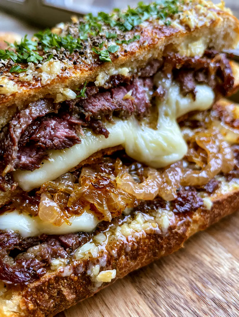 Extreme close-up of a Garlic Butter Steak Sandwich with a visible cheese pull and seared ribeye.