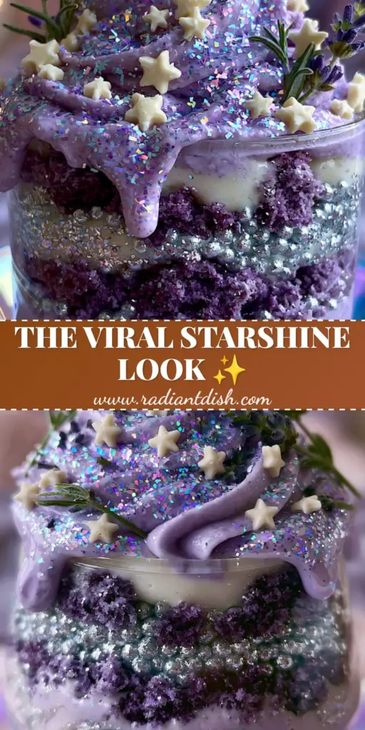 A handheld celestial staaaarshineeee dessert cup with silver honey swirls and violet whipped cream mountain in an iridescent glass. (staaaarshineeee)