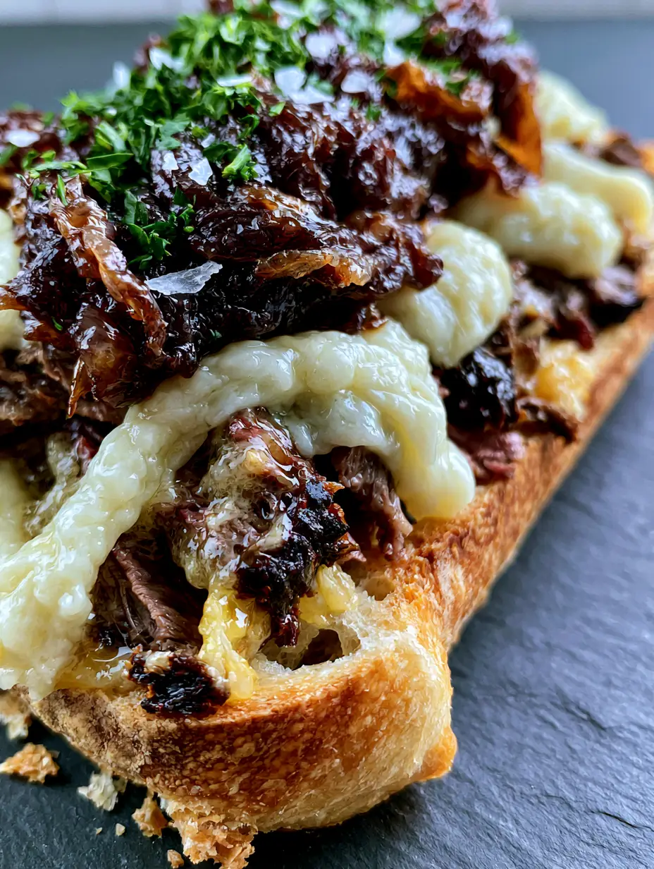 Macro shot of seared ribeye steak with melted garlic butter and bubbly cheese. (steak sandwich recipe)