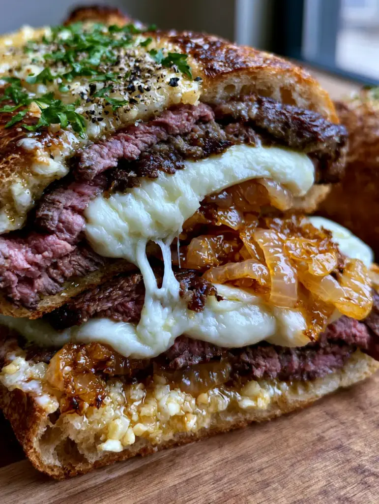 Cross-section of a Steak Sandwich showing layers of ribeye, golden onions, and glistening garlic butter bread.